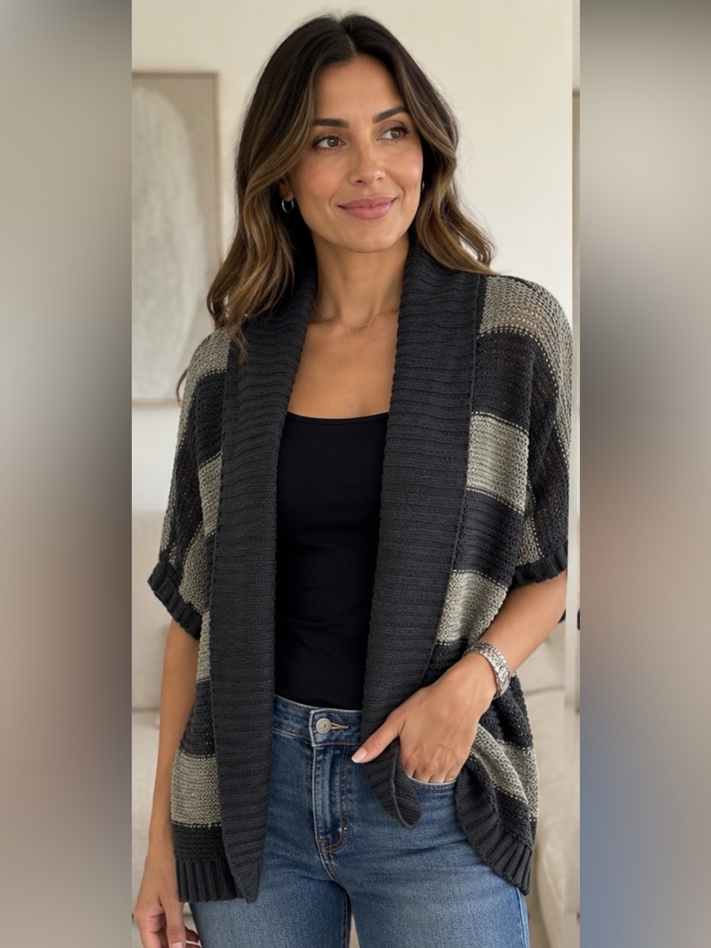 Express Sweater Womens Gray Black Open Front Short Sleeve Cardigan Size XS